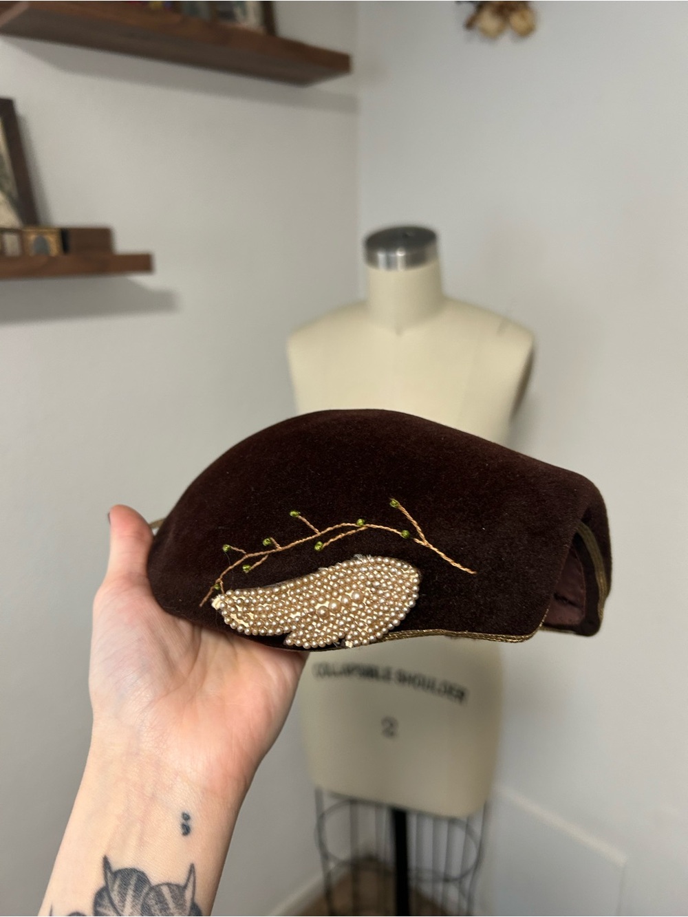 Vintage Brown Velvet Beret with Beaded Leaf Accent